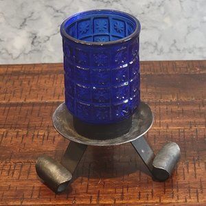 Vintage Small Pillar/Votive Cobalt Blue Glass Candle Holder with Metal Stand